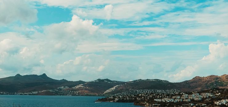 Mediterranean coast and cloudy sky, beautiful panoramic sea view and coastal nature scene