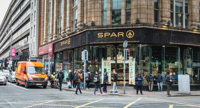 Dublin, Ireland - February 11, 2019: Architecture detail and street atmosphere in a shopping street on a winter day