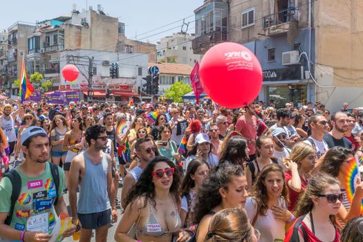 TEL-AVIV, ISRAEL - JUNE 08, 2018: Various people march and take part in the annual pride parade of the LGBT community, in Tel-Aviv, Israel