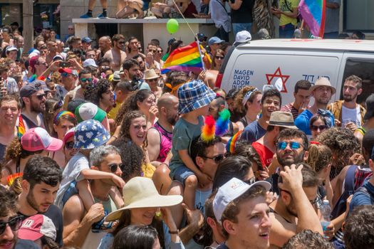 TEL-AVIV, ISRAEL - JUNE 08, 2018: Various people march and take part in the annual pride parade of the LGBT community, in Tel-Aviv, Israel