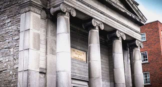 Dublin, Ireland - February 11, 2019: Saint Paul church architecture detail on a winter day