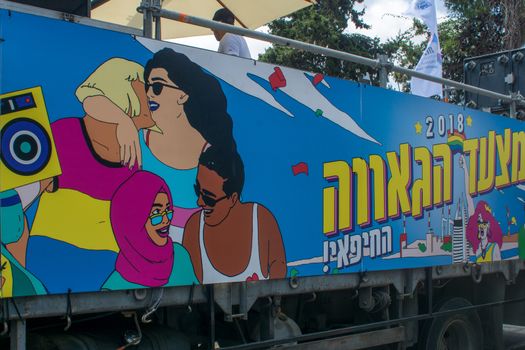 HAIFA, ISRAEL - JUNE 22, 2018: Truck with the pride event logo, in the annual pride parade of the LGBT community, in Haifa, Israel