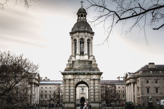 Dublin, Ireland - February 11, 2019: Trinity College architecture detail in downtown on a winter day