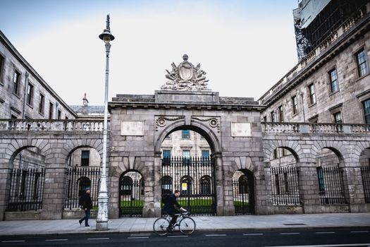 Dublin, Ireland - February 11, 2019: Architectural detail of the Dublin Four Court Courthouse on a winter day