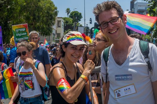 HAIFA, ISRAEL - JUNE 22, 2018: Various people take part and carry signs, in the annual pride parade of the LGBT community, in Haifa, Israel