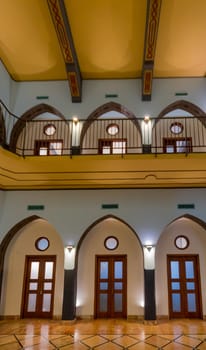 HAIFA, ISRAEL - JULY 19, 2018: The interior of the historic Anglo Palestine APAK Bank building, in Haifa, Israel