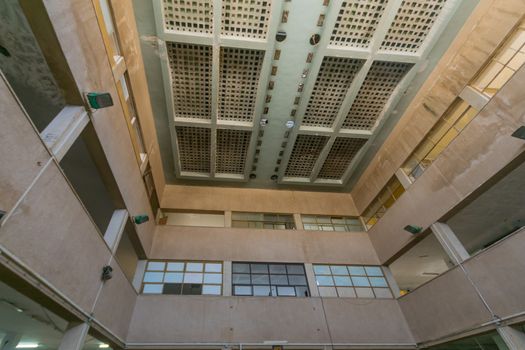 HAIFA, ISRAEL - JULY 20, 2018: Interior view of the historic Talpiot market building, built in international (Bauhaus) style, in Hadar HaCarmel neighborhood, Haifa, Israel