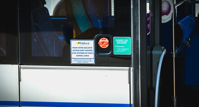 Versailles, France - October 9th, 2017: Sign in French on a bus - For your safety the buses are equipped with a video surveillance system