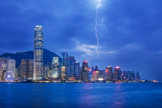 Thunderstorm HongKong cityscape at night , Hong kong city.