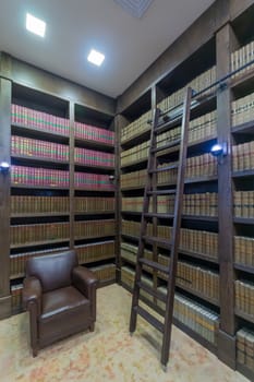 HAIFA, ISRAEL - JULY 19, 2018: The library of the historic Anglo Palestine APAK Bank building, in Haifa, Israel