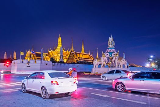 Traffic jam Wat Phra Kaew (The Emerald Buddha) night view in Thailand