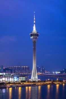 Night view of Macau Tower in Twilight Time