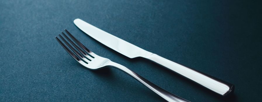 Fork and knife, silver cutlery for table decor, minimalistic design and diet concept