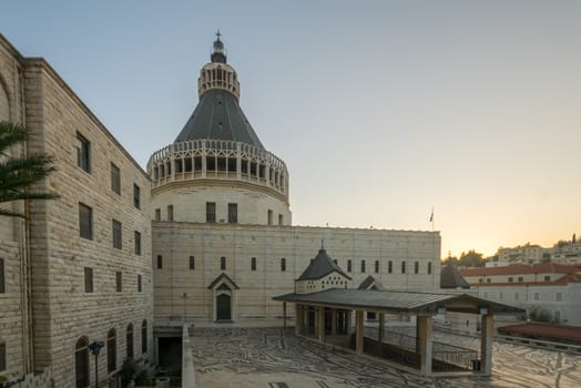 NAZARETH, ISRAEL - DECEMBER 20, 2016: The Church of the Annunciation, at sunset, in Nazareth, Israel