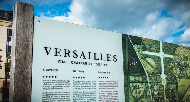 Versailles, France - October 9th, 2017: tourist information board around the castle of Versailles on a fall day