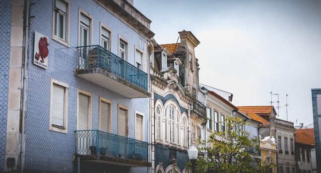 Aveiro, Portugal - May 7, 2018: Typical house architecture detail in the historic city center on a spring day