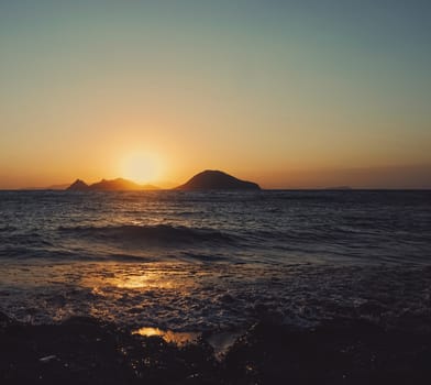 Beautiful sea view and mountains in the Mediterranean at sunset, summer vacation travel and holiday destination