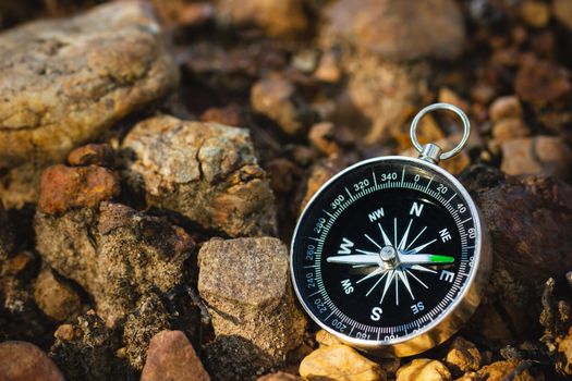 Compass placed on the rock in forest. Closeup and copy space. Concept of jungle adventure travel.