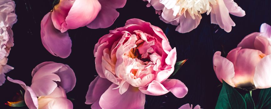 Pink peony flowers as floral art background, botanical flatlay and luxury branding design