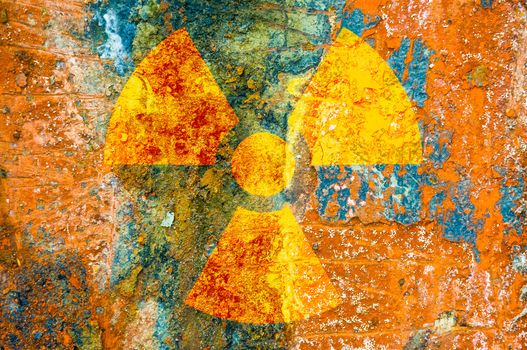 A ionizing radiation symbol on rust metal plate