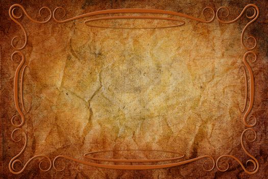 An antique decorative frame with a background with parchment texture. Orange and brown colors