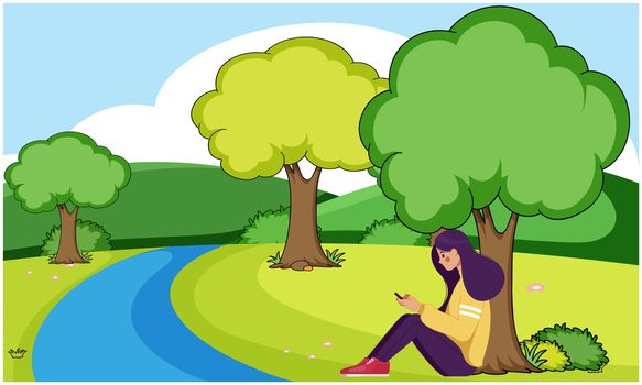 girl sitting near to the river and using phone