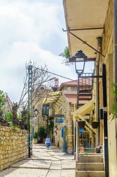 Safed, Israel - March 10, 2020: View of an alley in the Jewish Quarter of the old city of Safed (Tzfat), Israel