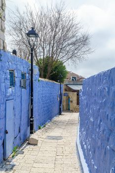 Safed, Israel - March 10, 2020: View of an alley in the Jewish Quarter of the old city of Safed (Tzfat), Israel