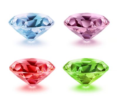 Diamond color variations on white background, soft drop shadows, isolated