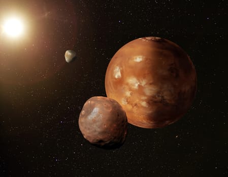 Illustration of Planet Mars in starry space with its moons Phobos and Deimos. Some elements provided by Nasa.