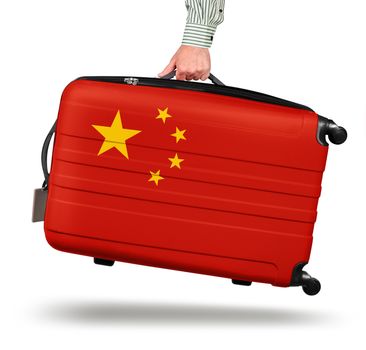 Hand holding modern suitcase China flag design isolated on white