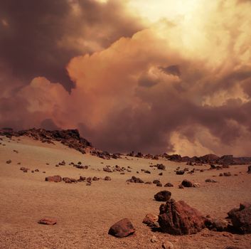 Illustration of a vast dust storm approaching on rocky Planet Mars landscape.