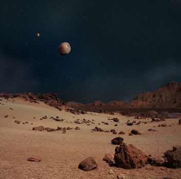 Illustration of moons Phobos and Deimos in the sky of the Planet Mars rocky landscape.