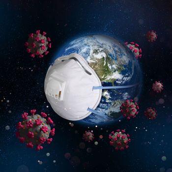 Planet Earth wearing protective filter mask, surrounded by viruses, contamination concept