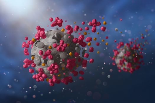 Corona viruses destroyed, scattering and breaking into pieces 3D