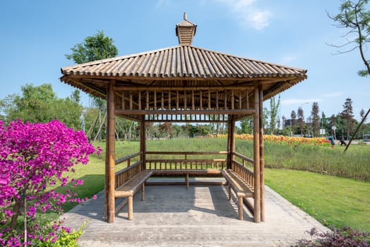 Bamboo pavilion in a park on a sunny day in Chengdu, Sichuan province, China