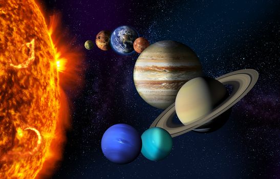 Sun and the planets of our Solar system on starry space background. Image elements furnished by NASA.
