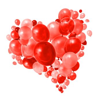Warm red balloons flying in heart shape formation white background