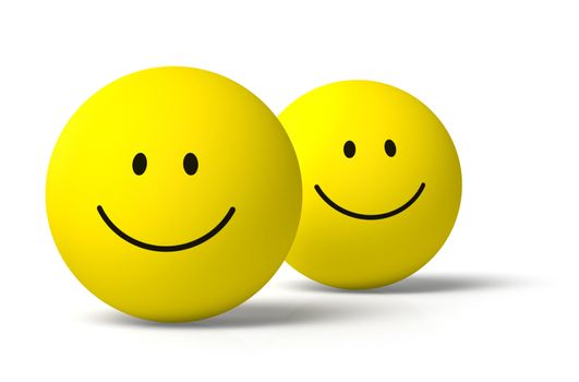Two yellow round happy 3D emoji symbols icons together on white background, drop shadow