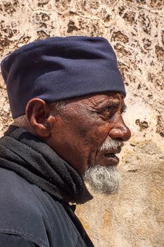 Jerusalem, Israel - April 23, 2010: Portrait of a monk of the Ethiopian Orthodox Tewahedo Church, in the Church of the Holy Sepulchre, Old City, Jerusalem, Israel