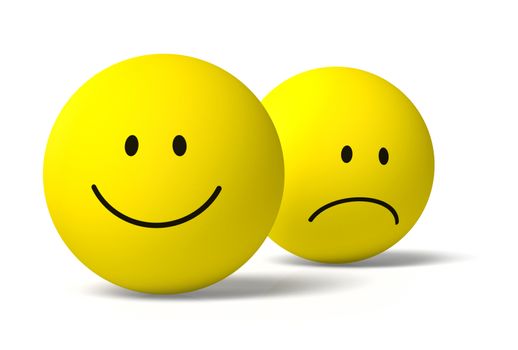 Two yellow round 3D emoji symbols happy and unhappy icons together on white background, drop shadow