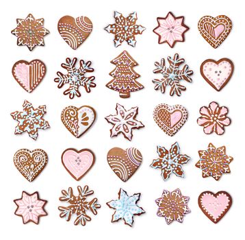 Home made Christmas gingerbread cookies icing decoration collection isolated on white