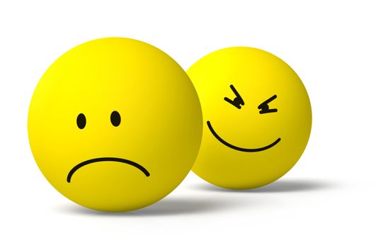 Two yellow round 3D emoji symbols sad and malicious icons together on white background, drop shadow