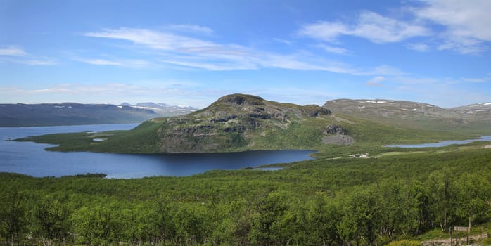 Panoramic view of Lake Kilpisjarvi and Malla fells, seen from fell Saanatunturi