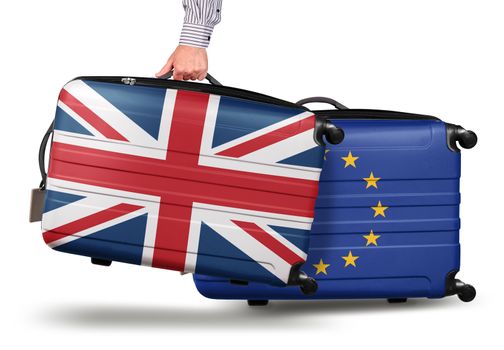 Hand holding modern suitcase Union Jack design. leaving EU isolated on white Brexit concept