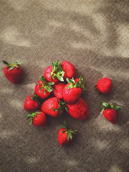 Organic strawberries on rustic linen background, fruit farming and agriculture