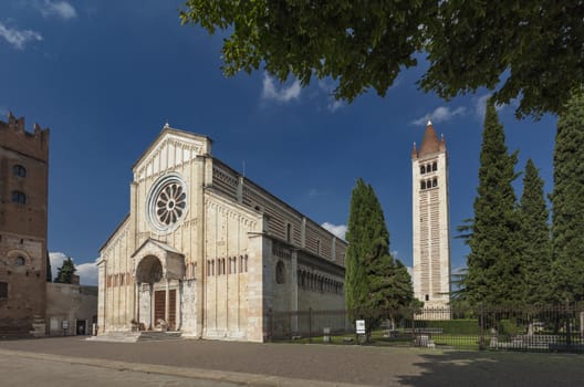 Verona, Italy, Europe, August 2019, A view of the Basilica di San Zeno Maggiore