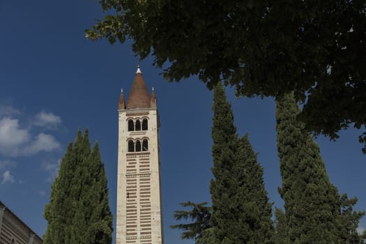 Verona, Italy, Europe, August 2019, A view of the Basilica di San Zeno Maggiore