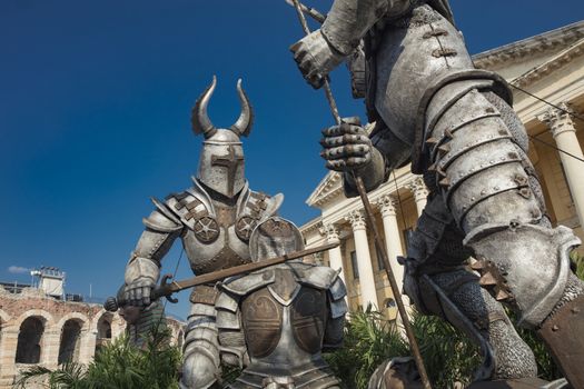 Verona, Italy, Europe, August 2019, Opera Festival Props and Staging in the centre of the Piazza Bra