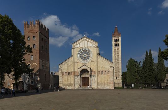 Verona, Italy, Europe, August 2019, A view of the Basilica di San Zeno Maggiore